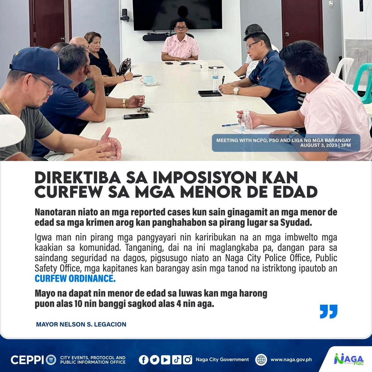 'CURFEW HOURS PARA SA MGA EDAD 17 ANYOS PABABA, IPINATUPAD NA SA NAGA CITY'